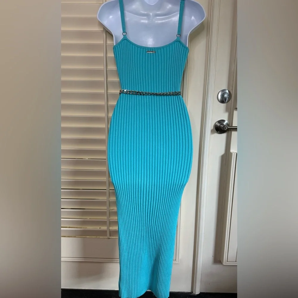 Michael Kors Ribbed Stretch Knit Midi Dress – Turquoise (With MK Chain Belt) - Picture 4 of 8